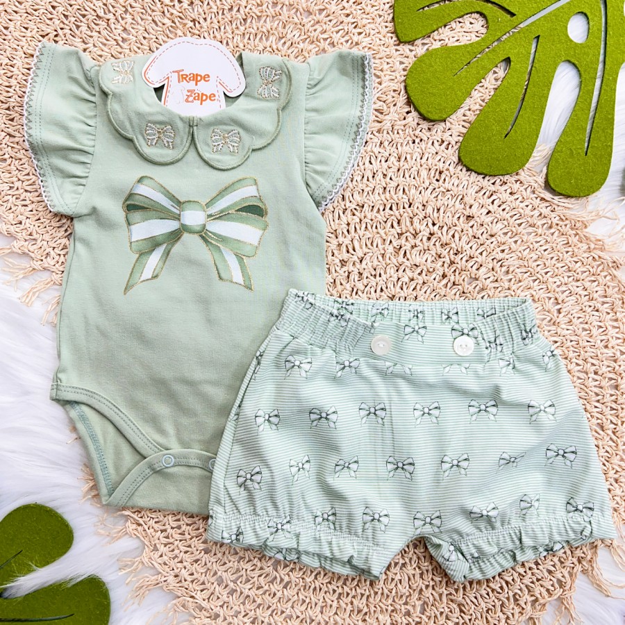 Conj. Body Gola Bordada Lacinhos e Short - Verde e Off White